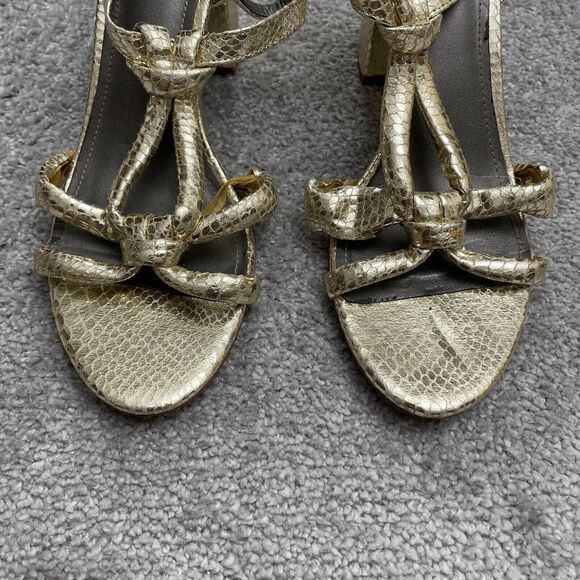 H&M Block Heels Sandals Womens 9 40 Gold Snake Skin Strappy Buckle Party Casual - Picture 9 of 12